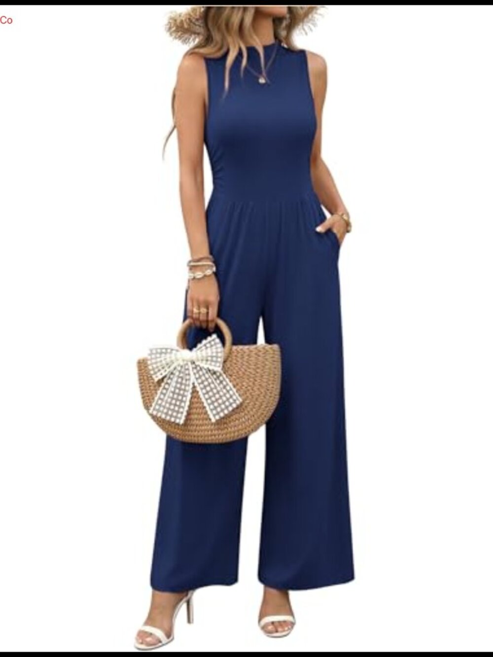 Sleeveless Mock Neck Wide Leg Jumpsuit with Pockets